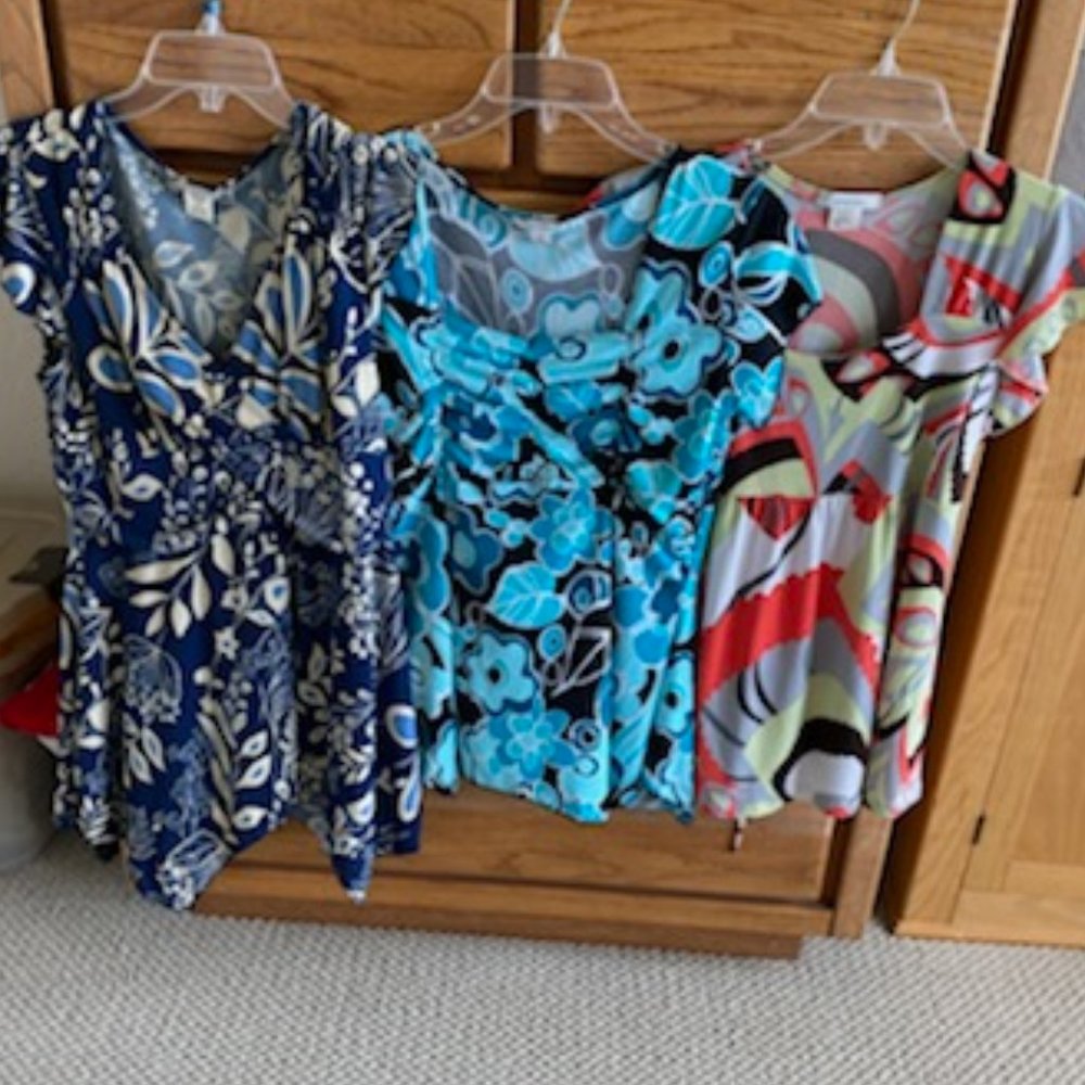 Lot of 3~DRESS BARN Silky s/s TUNIC TOPS~fluttery-BLUES-Retro ORANGE Gray-sz M